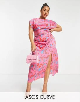 ASOS | ASOS DESIGN Curve ruched side button cap sleeve satin maxi dress in pink based floral print 6.0折