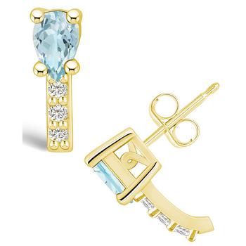 Macy's | Aquamarine (3/4 ct. t.w.) and Diamond (1/8 ct. t.w.) Stud Earrings in 14K Yellow Gold商品图片,