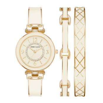 Anne Klein | Women's Gold-Tone Alloy Bangle with White Enamel and Crystal Accents Fashion Watch 33mm Set 3 Pieces商品图片,