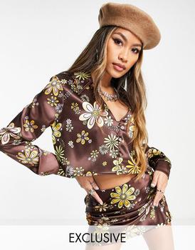 S Rothschild & CO衣服, Reclaimed Vintage | Reclaimed Vintage inspired crop revere shirt co-ord in 70s floral print商品图片 3.4折