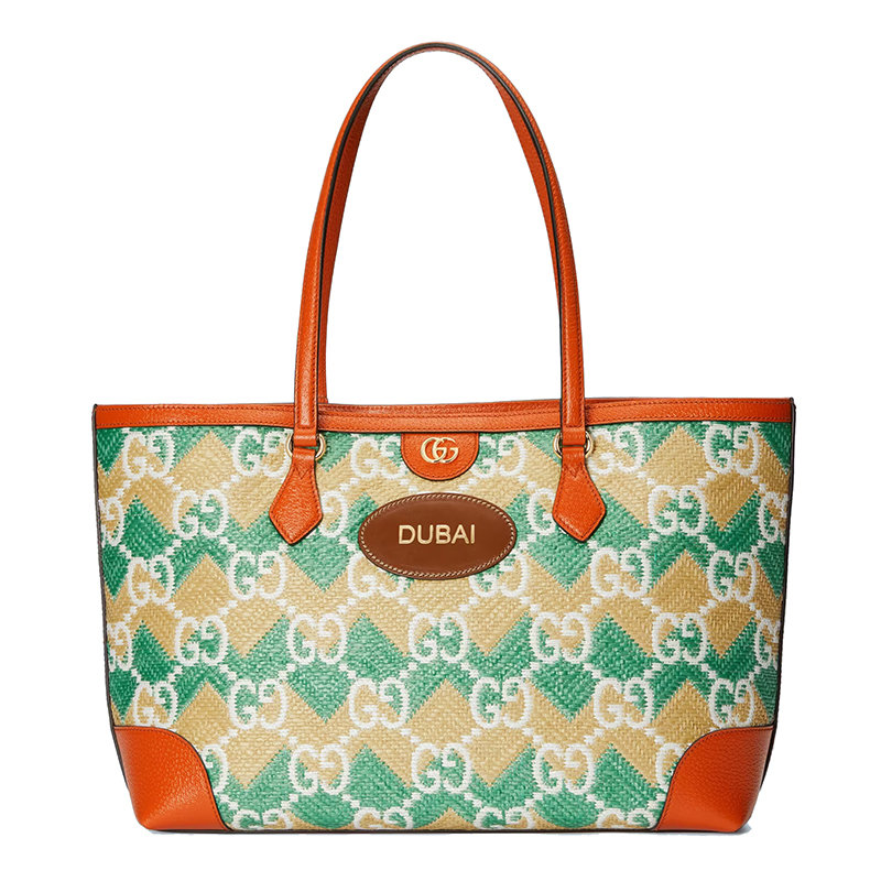古驰托特包, Gucci | 【包税】GUCCI/古驰 22新款 女士绿色/奶油色草编面料配橙色皮革GG老花DUBAI字样刺绣手提包托特包631685UYFIG8826商品图片 7.9折, 包邮包税