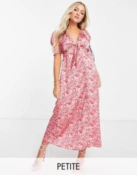 River Island Petite | River Island Petite ditsy floral tie front midi dress in red 