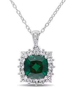 Belk & Co. | Created Emerald, Created White Sapphire and Diamond Halo Pendant with Chain in Sterling Silver,商家Belk,价格¥3687