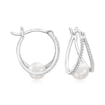 推荐Ross-Simons 6-6.5mm Cultured Pearl and . Diamond Double-Hoop Earrings in Sterling Silver商品