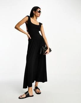 ASOS | ASOS DESIGN crossed back capped sleeve midi dress with volume skirt in black 6.0折