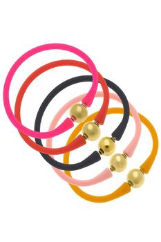 商品Canvas Style | Bali 24K Gold Silicone Bracelet Stack Of 5 In Neon Pink, Orange, Black, Light Pink & Cantaloupe,商家Verishop,价格¥964图片