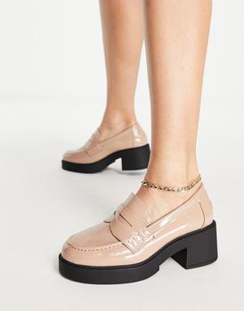 ASOS | ASOS DESIGN Storming chunky mid heeled loafers in beige patent商品图片,额外8.5折, 额外八五折