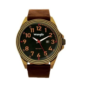 Wrangler | Men's, 48MM Antique Brass Case, Black Dial, Bronze Arabic Numerals, Black Strap, Analog Watch with Red Second Hand, Date Function 