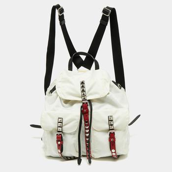 推荐Prada White/Black Nylon and Leather New Vela Studded Backpack商品