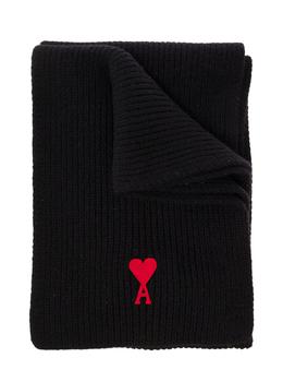 ami围巾, AMI | Ami De Coeur Ribbed Black Wool Scarf with Logo Ami Alexandre Mattiussi Man商品图片 9折