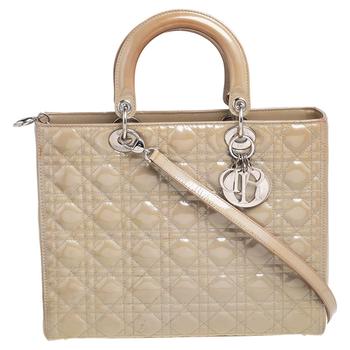 迪奥托特包, [二手商品] Dior | Dior Beige Cannage Patent Leather Large Lady Dior Tote商品图片 4.9折