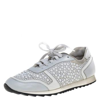 推荐Gina White Satin And Leather Crystal Embellished Lace Up Sneakers Size 40商品