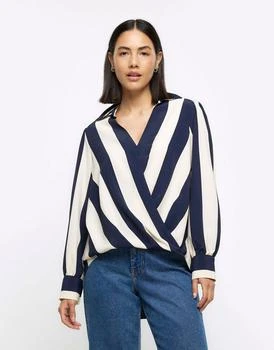 River Island | River Island V neck wrap blouse in navy 