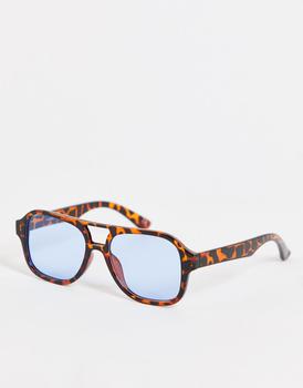 ASOS | ASOS DESIGN navigator sunglasses with blue lens in brown tortoiseshell - BROWN商品图片,5折×额外9.5折, 额外九五折