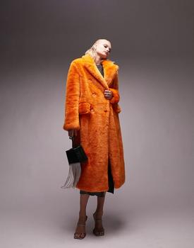 Topshop | Topshop oversized long-line faux fur coat in bright orange商品图片,