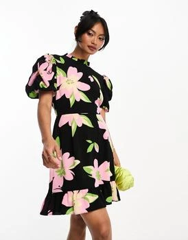推荐ASOS DESIGN pie crust neck puff sleeve mini tea dress in oversized black based floral print商品