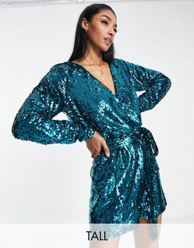 商品In The Style Tall exclusive sequin wrap detail belted playsuit in blue图片