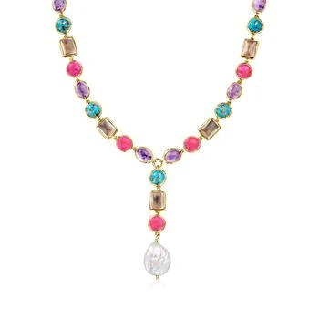 Ross-Simons | Ross-Simons Multi-Gemstone and 9x14mm Cultured Pearl Y-Necklace With Turquoise in 18kt Gold Over Sterling,商家Premium Outlets,价格¥3515