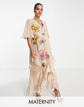 Iris & Ivy, Hope & Ivy Maternity | Hope & Ivy Maternity embroidered wrap maxi dress in peach floral商品图片 