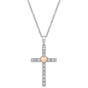product Diamond Two-Tone Cross Pendant Necklace (1/10 ct. t.w.) in Sterling Silver with 18k Rose Gold-Plated Sterling Silver Accent image