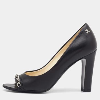 香奈儿鞋, [二手商品] Chanel | Chanel Black Leather CC Chain Link Detail Open Toe Pumps Size 37商品图片 