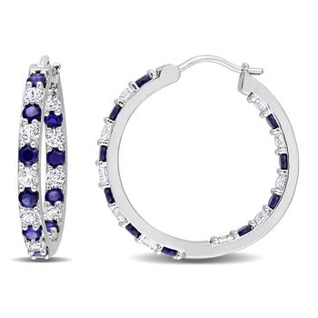 商品3 5/8 CT TGW Created Blue and White Sapphire Hoop Earrings in Sterling Silver图片