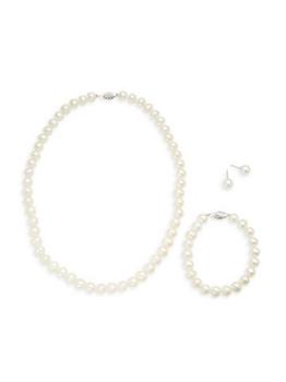 BELPEARL | 925 Sterling Silver & 8-9mm White Semi-Round Freshwater Pearl Collar Necklace, Bracelet & Stud Earrings Set商品图片,5折