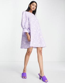 asos design, ASOS | ASOS DESIGN swing mini dress with frill cuff in purple floral jacquard商品图片 5折