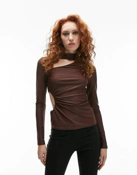 Topshop | Topshop long sleeve high neck cut out detail top in brown 3.8折