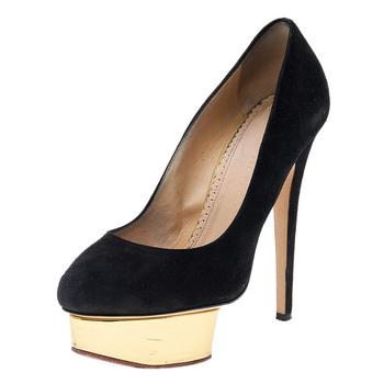 Charlotte Olympia, [二手商品] Charlotte Olympia | Charlotte Olympia Black Suede Dolly Platform Pumps Size 37.5商品图片 3.9折