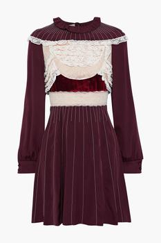 Valentino代购, Valentino | Velvet-trimmed Chantilly lace-paneled silk-jersey mini dress商品图片 3折