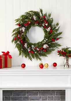 NEARLY NATURAL, NEARLY NATURAL | Frosted Cypress Wreath with Berries and Pine Cones商品图片 