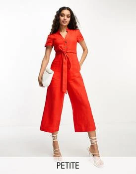 Whistles Petite | Whistles Petite short sleeve jumpsuit with tie waist in red linen,商家ASOS,价格¥735