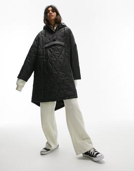 Topshop | Topshop longline quilted trapeze liner coat with hood in black商品图片,