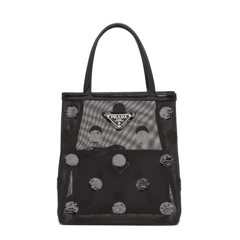 Prada | 【预售3-7天】PRADA/普拉达 21年秋冬 女士小号黑色织物材质皮革提手波尔卡圆点图案网眼手提托特包1BG417_2DZ9_F0002_V_OOO商品图片,8折, 包邮包税