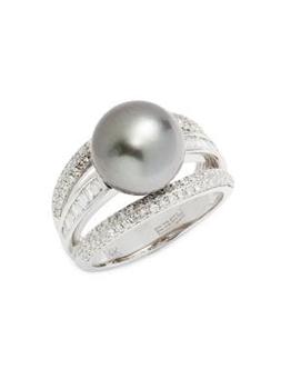 商品Effy | 14K White Gold, 9MM Round Tahitian Pearl & Diamond Split Shank Ring,商家Saks OFF 5TH,价格¥9345图片