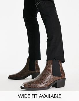 ASOS | ASOS DESIGN cuban boot in faux snake print with toecap in brown商品图片,7.4折