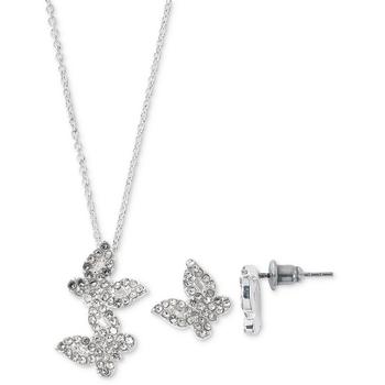 商品Macy's | Cubic Zirconia Double Butterfly Pendant Necklace & Stud Earrings Set in Fine Silver Plate,商家Macy's,价格¥234图片
