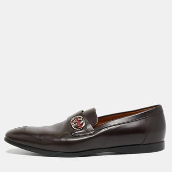 推荐Gucci Dark Brown Leather Interlocking G Slip On Loafers Size 39.5商品