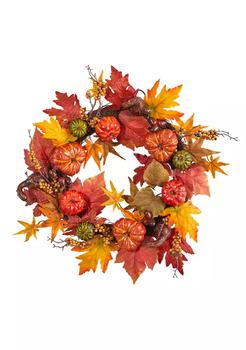 NEARLY NATURAL, NEARLY NATURAL | 24 Inch Autumn Pumpkin and Berries Artificial Fall Wreath商品图片 