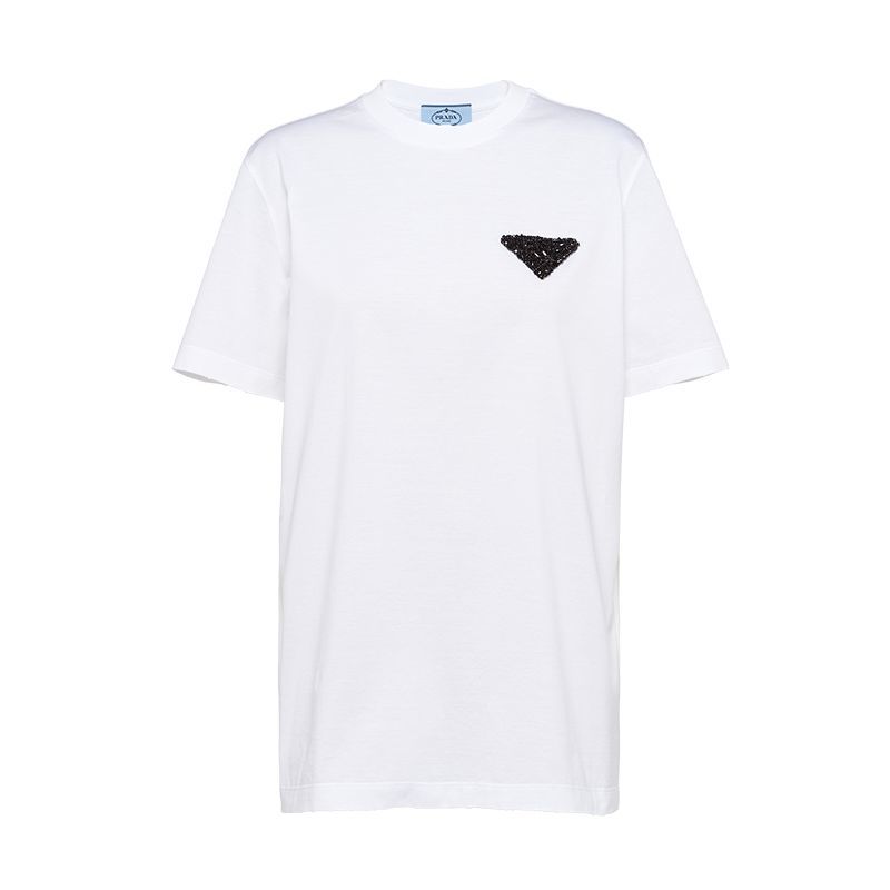Prada | 【预售3-7天】PRADA/普拉达 22年早春新款 女士白色刺绣平纹针织棉质短袖T恤35838R_1Z5O_F0009_S_162商品图片,7.9折, 包邮包税