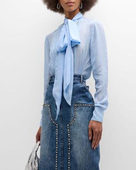 商品Embroidered Chiffon Neck-Tie Blouse图片