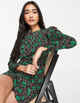 推荐Mango long sleeved shift mini dress in green print商品
