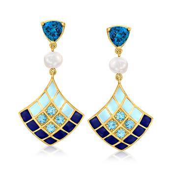 Ross-Simons | Ross-Simons 5.5-6mm Cultured Pearl and London and Sky Blue Topaz Drop Earrings in 18kt Gold Over Sterling With Tonal Blue Enamel商品图片,6.2折