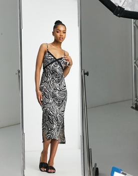 product Miss Selfridge lace trim slip midi dress in zebra print image