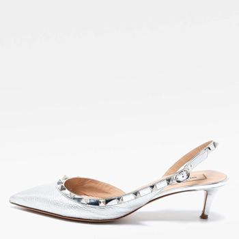 valentino rockstud高跟鞋, [二手商品] Valentino | Valentino Silver Leather Rockstud Slingback Sandals Size 41商品图片 8.6折, 满1件减$100, 满减