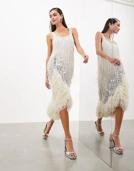 ASOS | ASOS EDITION scoop neck embellished tassel midi dress with faux feather hem in silver 独家减免邮费