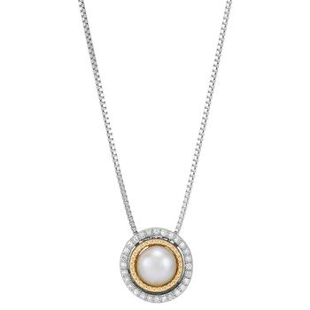 商品Macy's | Cultured Freshwater Pearl (6mm) & Diamond (1/20 ct. t.w.) 18-1/2" Pendant Necklace in Sterling Silver & 14k Gold,商家Macy's,价格¥1043图片