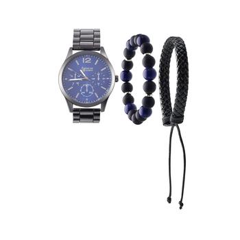 推荐Men's Quartz Movement Shiny Gunmetal Bracelet Analog Watch, 45mm with Stackable Bracelet Set and Zippered Travel Pouch商品