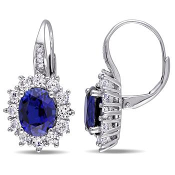 商品Mimi & Max | 8.06 CT TGW Created Blue and White Sapphire and Halo Diamond Leverback Earrings in Sterling Silver,商家Premium Outlets,价格¥524图片